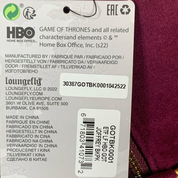 NWT Loungefly Game of Thrones GoT Cosplay Joffrey Mini Backpack Burgundy Gold - Picture 7 of 17